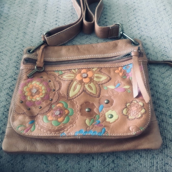 Fossil Tan Leather Crossbody Bag with Floral Design - Picture 1 of 16
